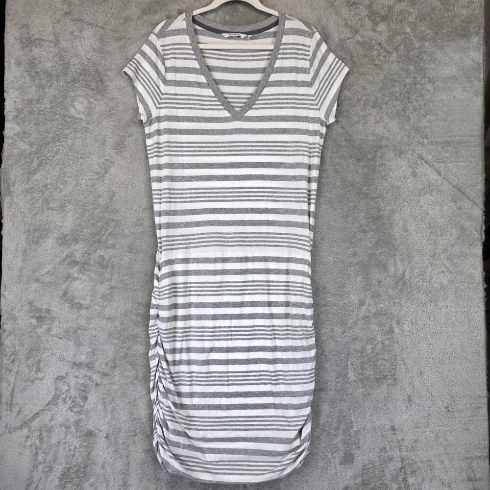 Athleta Dress Womens Large Gray White Stripe V Neck Ruched Pima Cotton Casual